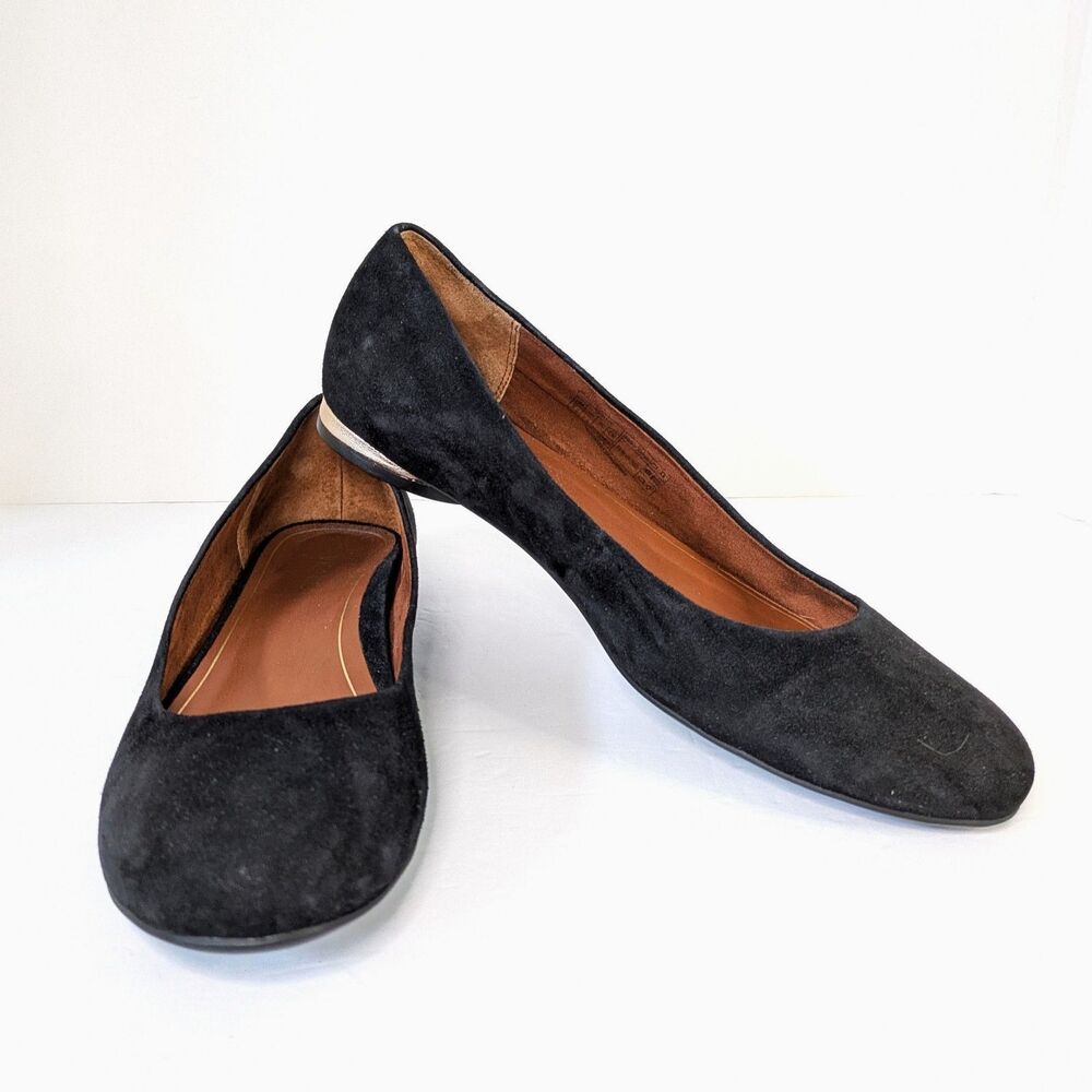 Vionic Hannah Black Suede Ballet Flats 9.5 Round Toe Orthotic Comfort Shoes Gold